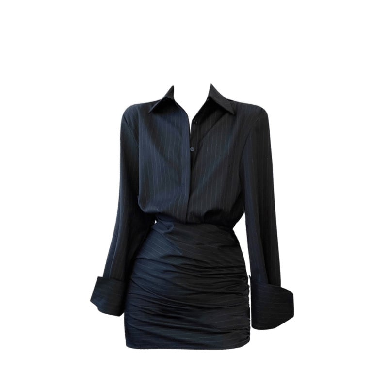 Rochie polo dungată, mâneci lungi, croială mulată, stil retro urban