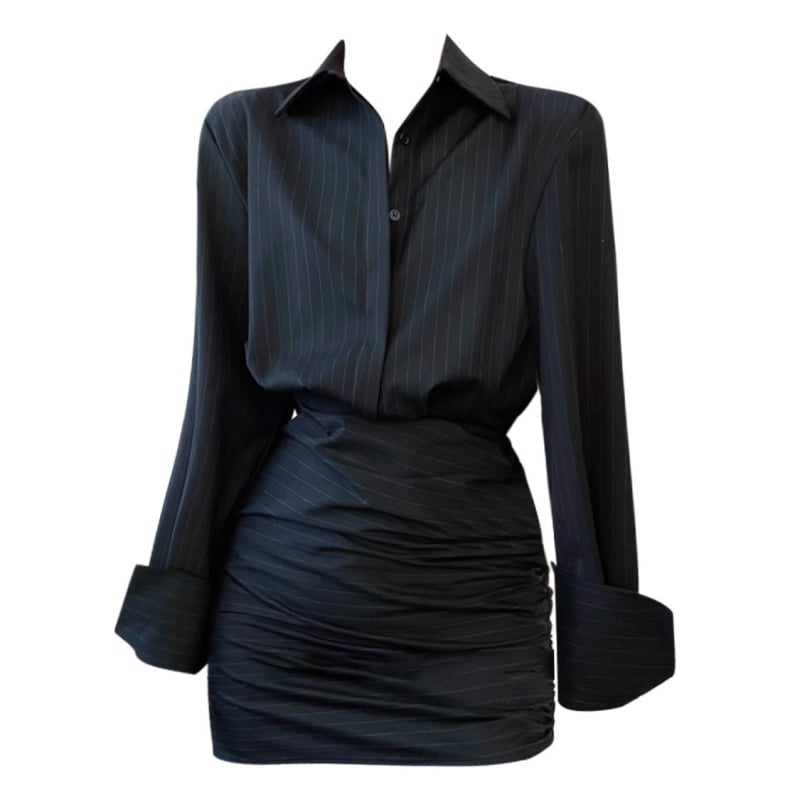 Rochie polo dungată, mâneci lungi, croială mulată, stil retro urban