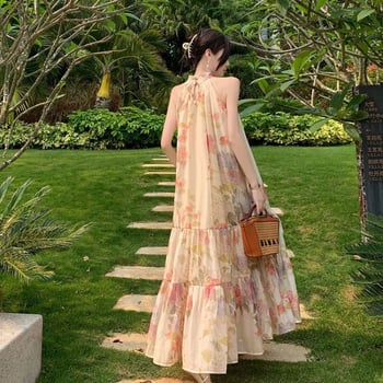 Rochie lungă florală pentru mărime plus, fără mâneci, guler halter, poliester, imprimeu cu plisuri