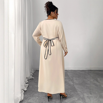 Rochie de damă mărime plus, poliester, decolteu în V, talie înaltă, mâneci lungi, curea de legare