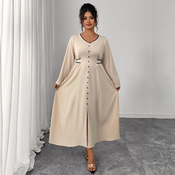 Rochie de damă mărime plus, poliester, decolteu în V, talie înaltă, mâneci lungi, curea de legare