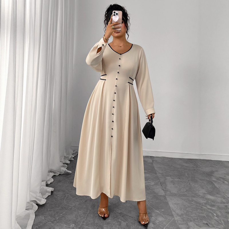 Rochie de damă mărime plus, poliester, decolteu în V, talie înaltă, mâneci lungi, curea de legare