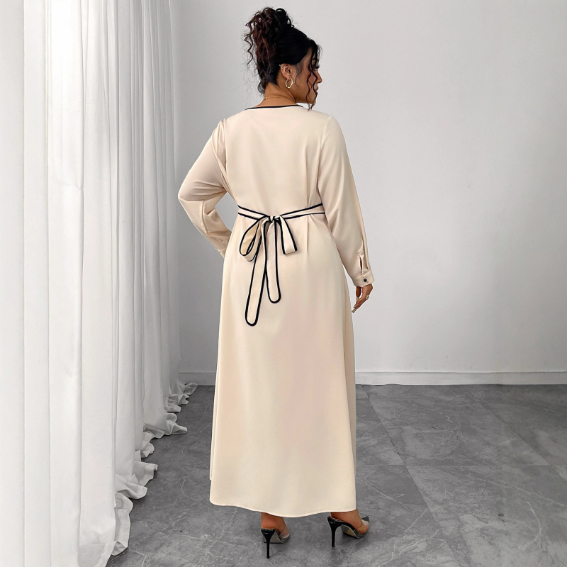 Rochie de damă mărime plus, poliester, decolteu în V, talie înaltă, mâneci lungi, curea de legare