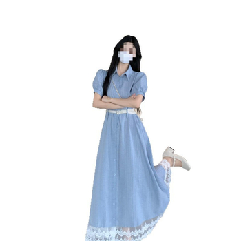 Rochie din dantelă cu guler polo, croială A-line, mâneci scurte, lungime midi, stil street