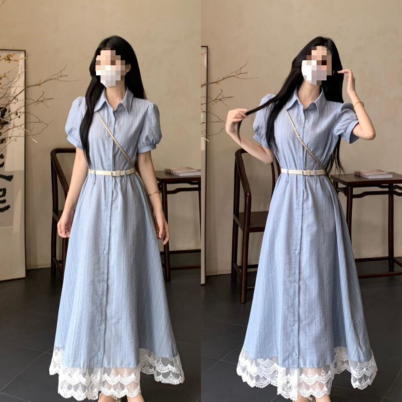 Rochie din dantelă cu guler polo, croială A-line, mâneci scurte, lungime midi, stil street