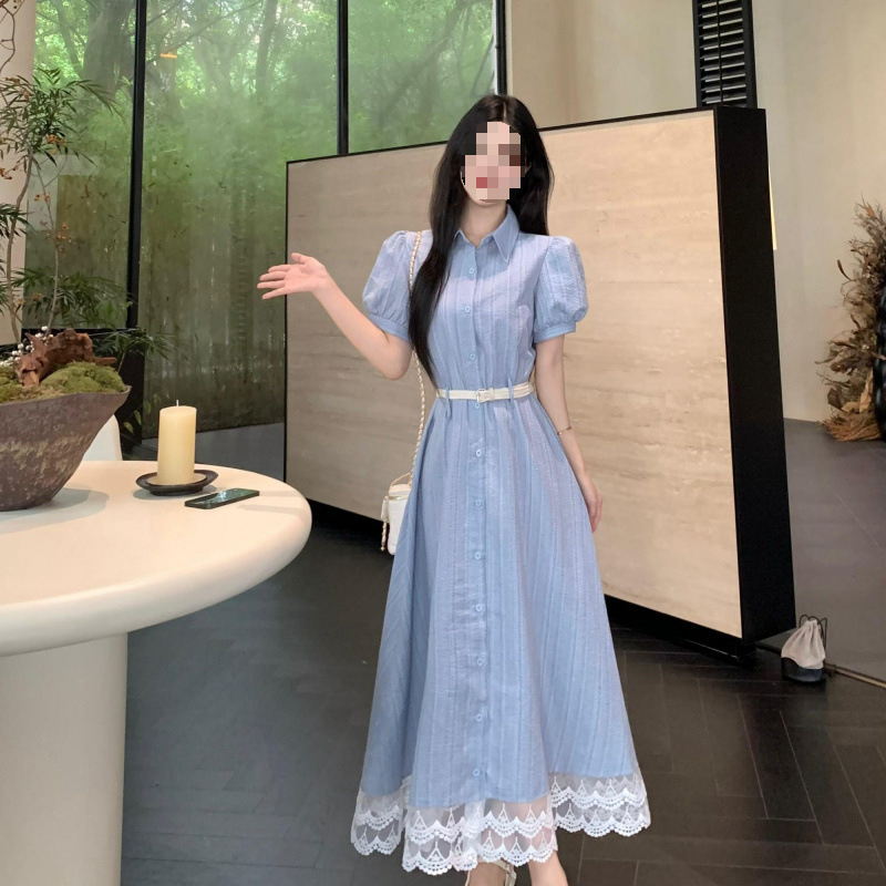 Rochie din dantelă cu guler polo, croială A-line, mâneci scurte, lungime midi, stil street