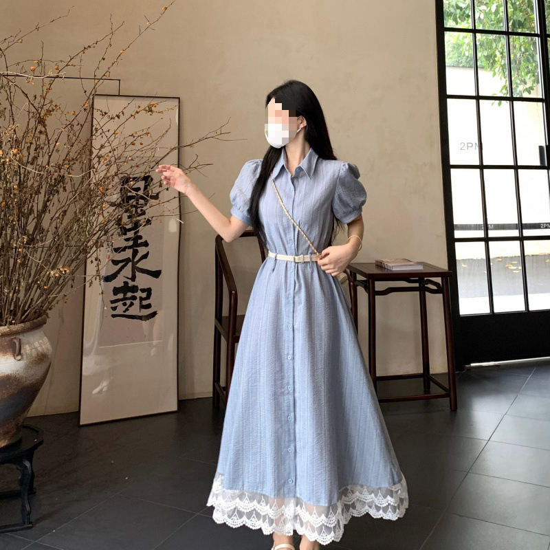 Rochie din dantelă cu guler polo, croială A-line, mâneci scurte, lungime midi, stil street