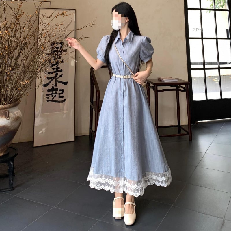 Rochie din dantelă cu guler polo, croială A-line, mâneci scurte, lungime midi, stil street