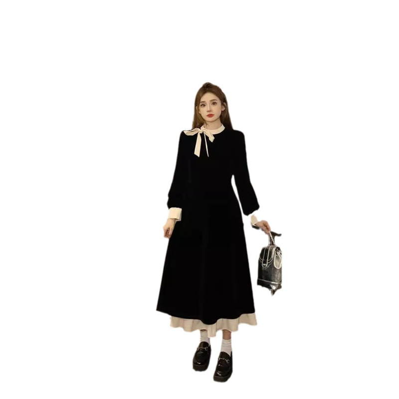 Rochie în croială A, mâneci lungi, guler polo, talie elastică și fermoar — rochie midi din poliester, model elegant