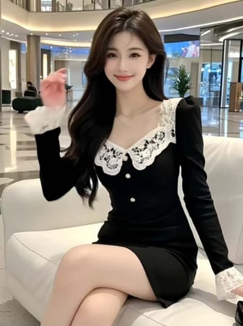 Rochie din dantelă patchwork cu decolteu pătrat, croială A-line, mâneci lungi, lungime midi, poliester