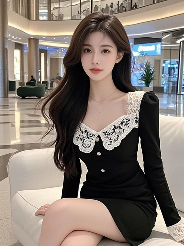 Rochie din dantelă patchwork cu decolteu pătrat, croială A-line, mâneci lungi, lungime midi, poliester