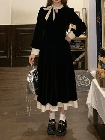 Rochie Hepburn cu funda și guler rotund, mâneci lungi, talie înaltă, croială A-line, poliester, rochie lungă