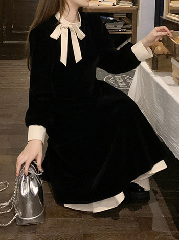 Rochie Hepburn cu funda și guler rotund, mâneci lungi, talie înaltă, croială A-line, poliester, rochie lungă