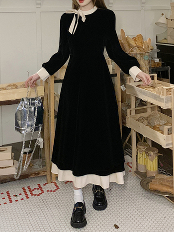 Rochie Hepburn cu funda și guler rotund, mâneci lungi, talie înaltă, croială A-line, poliester, rochie lungă