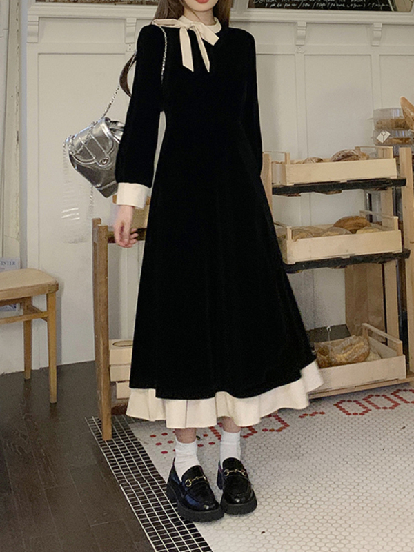 Rochie Hepburn cu funda și guler rotund, mâneci lungi, talie înaltă, croială A-line, poliester, rochie lungă