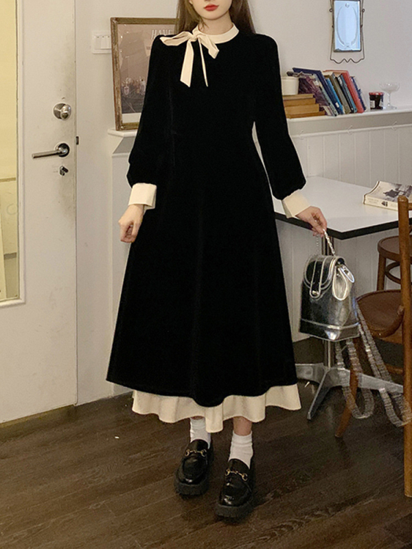 Rochie Hepburn cu funda și guler rotund, mâneci lungi, talie înaltă, croială A-line, poliester, rochie lungă