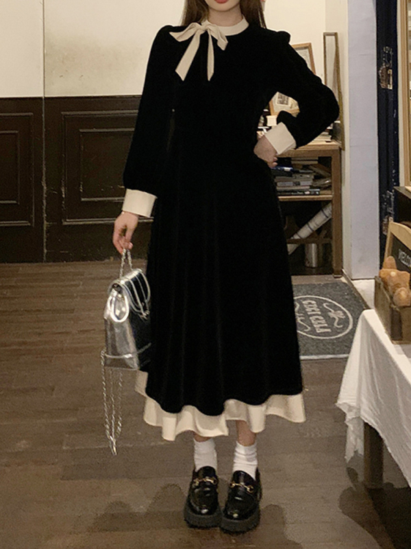 Rochie Hepburn cu funda și guler rotund, mâneci lungi, talie înaltă, croială A-line, poliester, rochie lungă