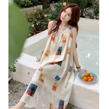 Bohem stílusú pántos ruha nőknek - ujjatlan, magas derék, absztrakt kollázs mintázat, poliészter