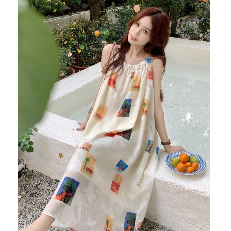 Bohem stílusú pántos ruha nőknek - ujjatlan, magas derék, absztrakt kollázs mintázat, poliészter