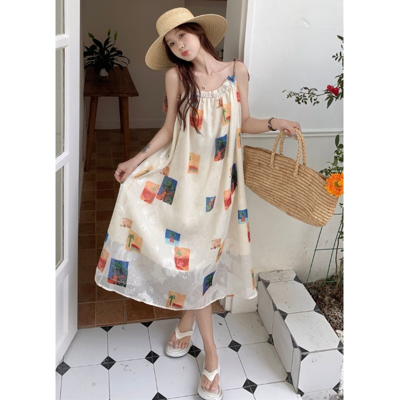 Bohem stílusú pántos ruha nőknek - ujjatlan, magas derék, absztrakt kollázs mintázat, poliészter