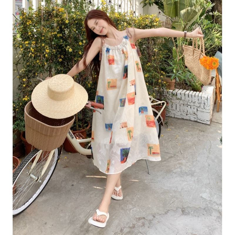 Bohem stílusú pántos ruha nőknek - ujjatlan, magas derék, absztrakt kollázs mintázat, poliészter