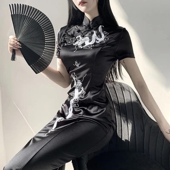 Rochie cu model dragon, guler înalt, mâneci scurte, cataramă cu disc, 95% poliester
