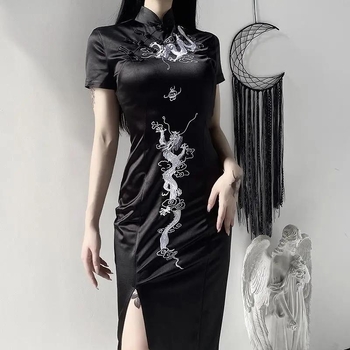 Rochie cu model dragon, guler înalt, mâneci scurte, cataramă cu disc, 95% poliester