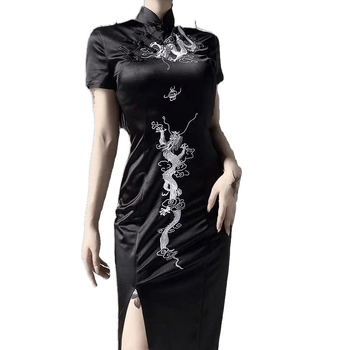 Rochie cu model dragon, guler înalt, mâneci scurte, cataramă cu disc, 95% poliester