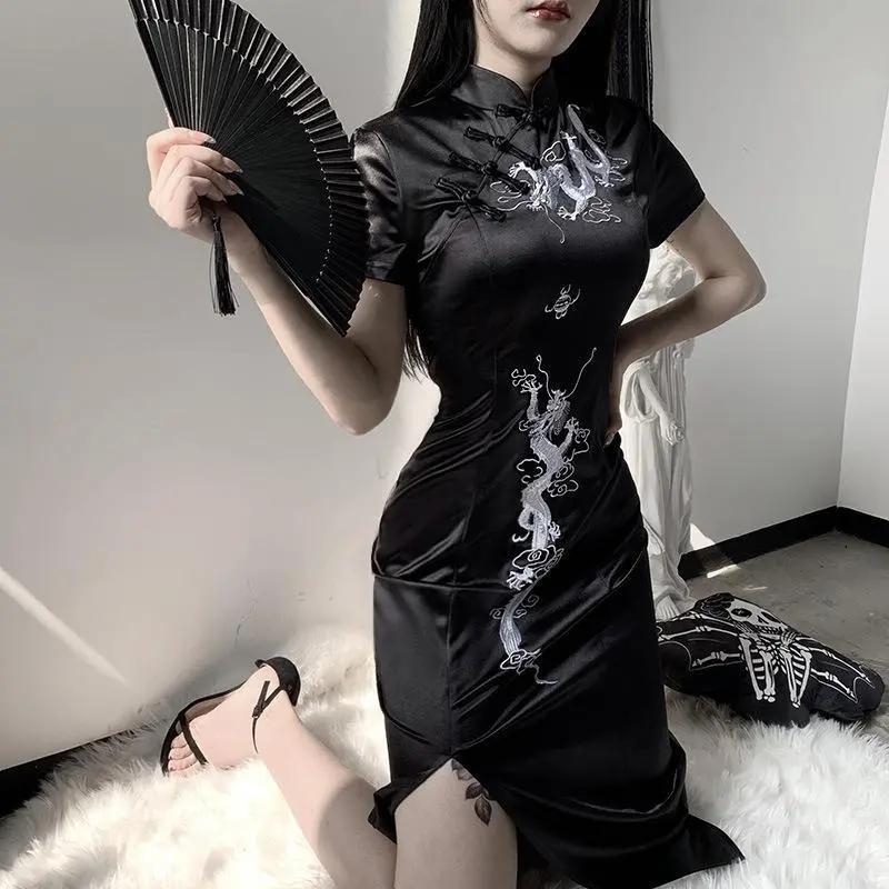 Rochie cu model dragon, guler înalt, mâneci scurte, cataramă cu disc, 95% poliester