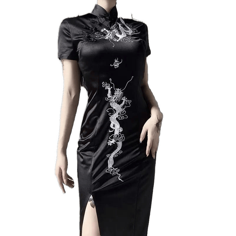 Rochie cu model dragon, guler înalt, mâneci scurte, cataramă cu disc, 95% poliester