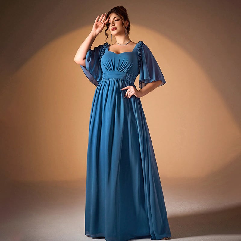 Õhtukleit polüestrist, ruudukujuline kaelus, pikad varrukad, põranda pikkune kleit