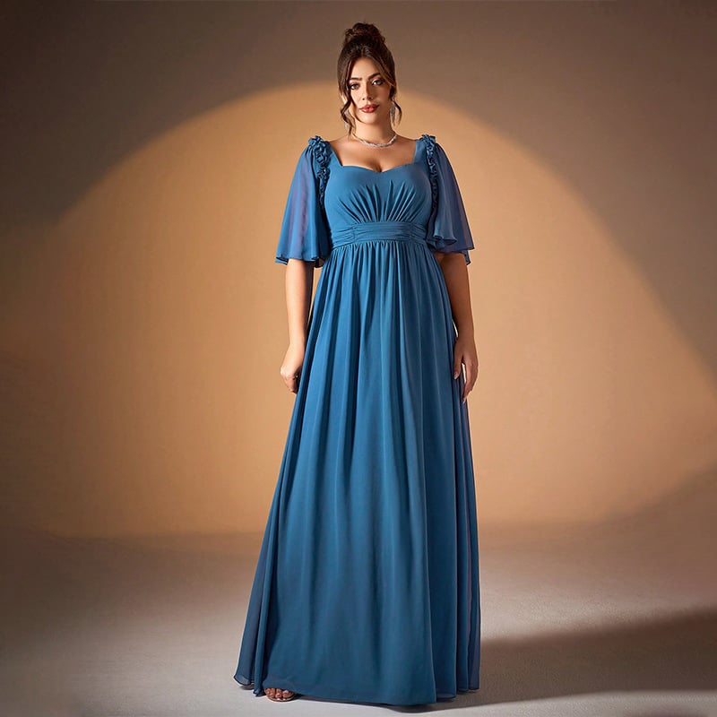 Õhtukleit polüestrist, ruudukujuline kaelus, pikad varrukad, põranda pikkune kleit