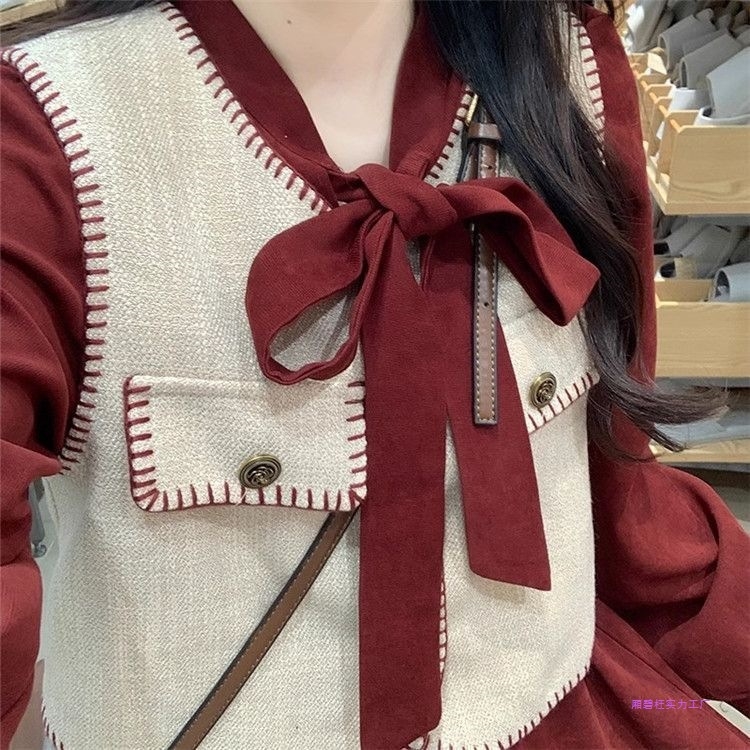 Set de rochie din două piese, lungime midi, material plasă, talie elastică, guler cu fular, stil retro literar