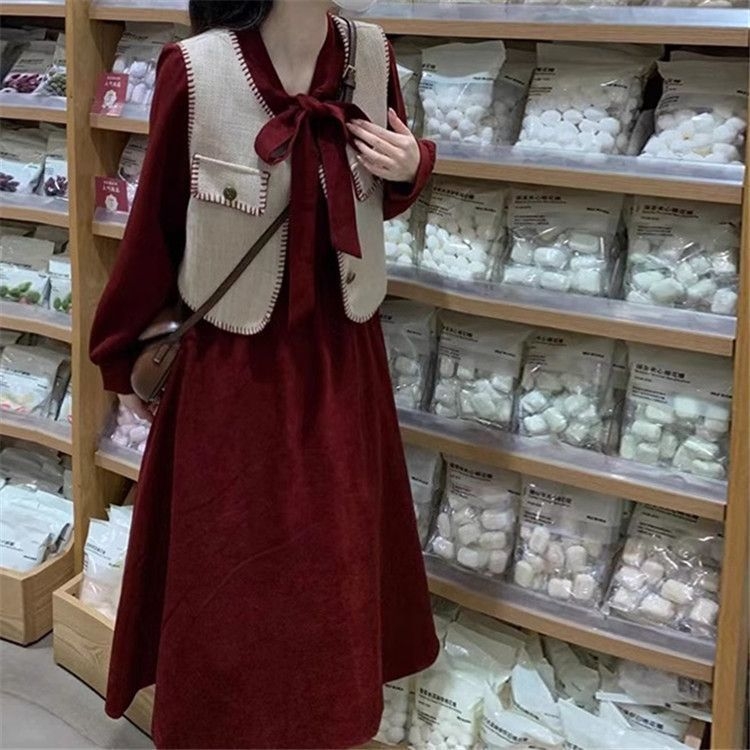 Set de rochie din două piese, lungime midi, material plasă, talie elastică, guler cu fular, stil retro literar