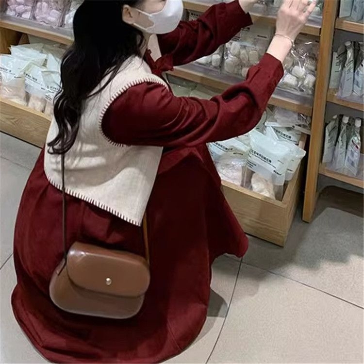 Set de rochie din două piese, lungime midi, material plasă, talie elastică, guler cu fular, stil retro literar