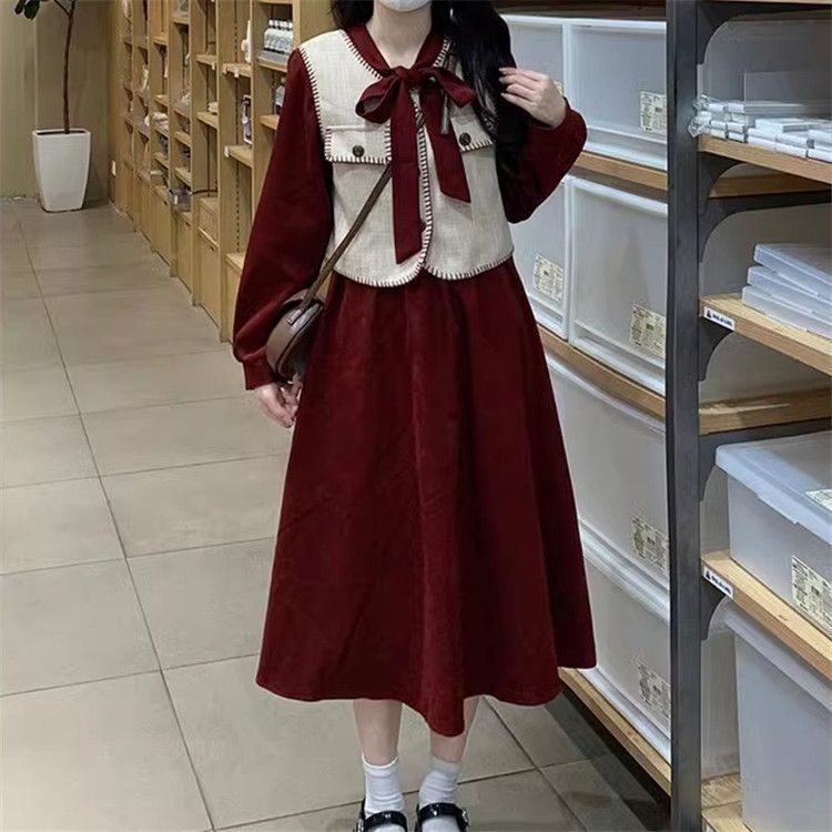 Set de rochie din două piese, lungime midi, material plasă, talie elastică, guler cu fular, stil retro literar