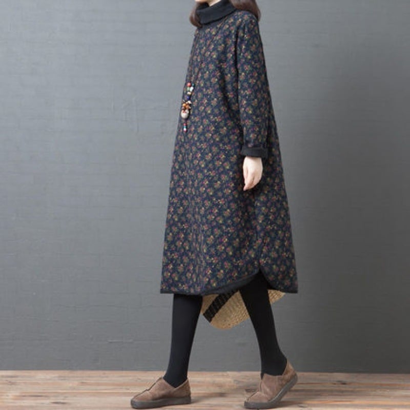 Rochie din bumbac cu imprimeu floral, guler înalt și mâneci lungi