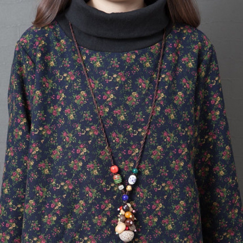 Rochie din bumbac cu imprimeu floral, guler înalt și mâneci lungi