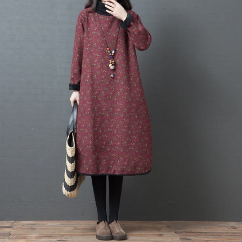 Rochie din bumbac cu imprimeu floral, guler înalt și mâneci lungi