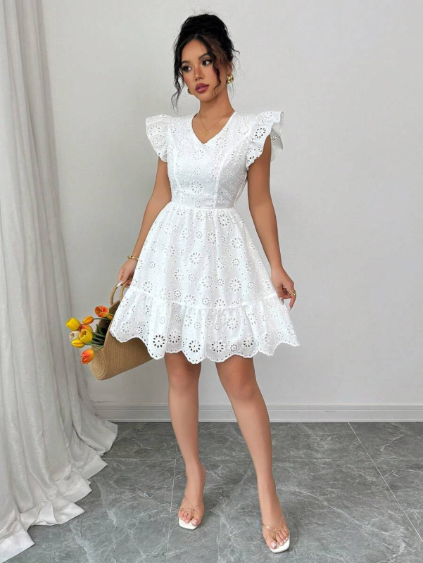 A-vonalú ruha V-nyakkal, Feifei rövid ujjak, elasztikus derék, poliészter anyag, geometriai mintás hímzés