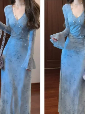 V-nyakú ruha, hercegnői ujjak, A-vonalú sziluett, poliészter, középtávú és hosszú hosszúságú