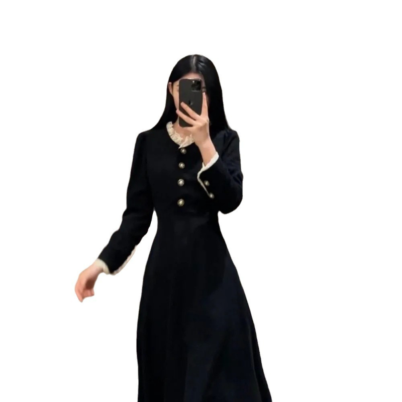 A-vonalú ruha csipkés gallérral, hercegnő ujjas, magas derék, középtávú hosszúságú, poliészter anyag