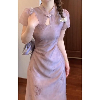 Linnen A-vonalú ruha álló gallérral, rövid ujjú, középső hosszúságú – 2024 nyár