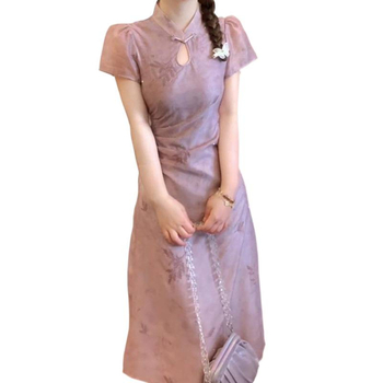 Linnen A-vonalú ruha álló gallérral, rövid ujjú, középső hosszúságú – 2024 nyár