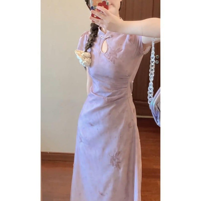 Linnen A-vonalú ruha álló gallérral, rövid ujjú, középső hosszúságú – 2024 nyár