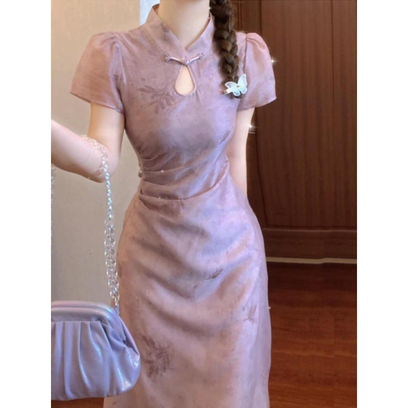 Linnen A-vonalú ruha álló gallérral, rövid ujjú, középső hosszúságú – 2024 nyár