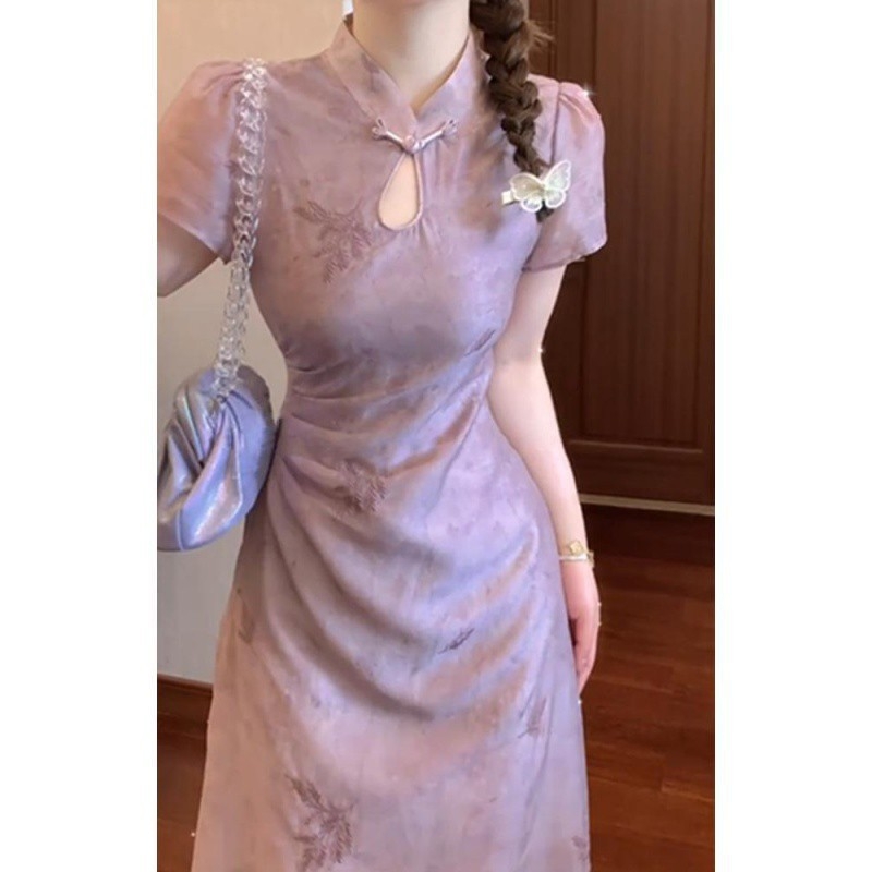 Linnen A-vonalú ruha álló gallérral, rövid ujjú, középső hosszúságú – 2024 nyár