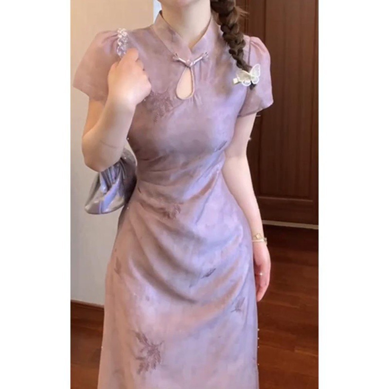 Linnen A-vonalú ruha álló gallérral, rövid ujjú, középső hosszúságú – 2024 nyár