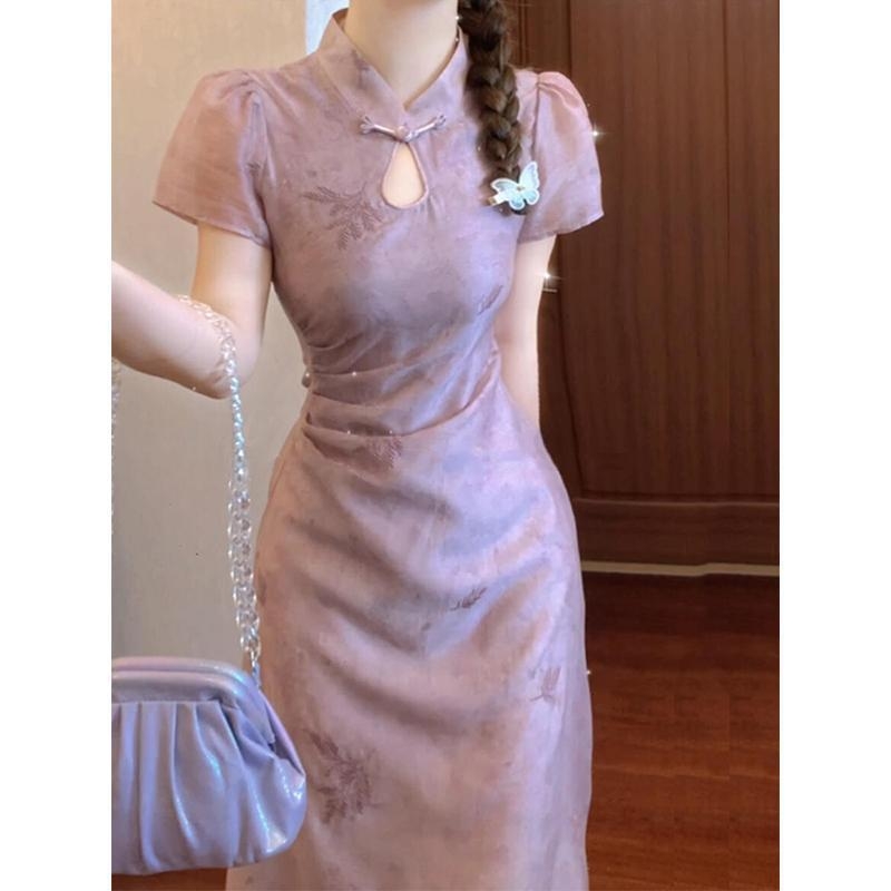 Linnen A-vonalú ruha álló gallérral, rövid ujjú, középső hosszúságú – 2024 nyár