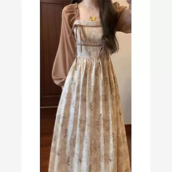 Flórás ruha, hamis két részes dizájnnal, hosszú ujjú, magas derékkal, A-line